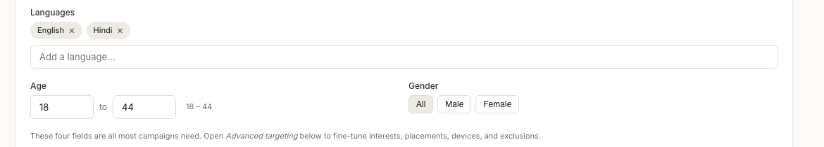 Language, age and gender targeting