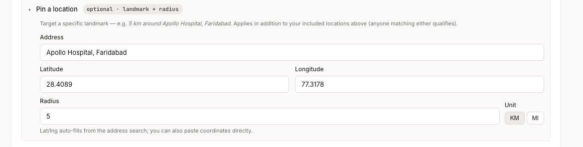 Pin-a-location targeting — a chosen radius around a landmark